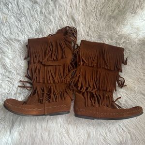 Brown Minnetonka Moccasins 3 Layer Fringe Boots